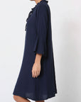 woman wearing Linen Dress Midi 100% Made in Italy Navy LUXAMORE
