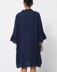 woman wearing Linen Dress Midi 100% Made in Italy Navy LUXAMORE