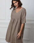 woman wearing Linen Dress Mini Babydoll Made in Italy - Taupe LUXAMORE
