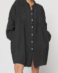 woman wearing Linen Dress Mini Long Sleeve Made in Italy Charcoal Grey LUXAMORE