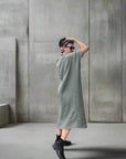 Woman Wearing Linen Dress Oversize Maxi Kaftan Made in Italy Olive - Dress LUXAMORE