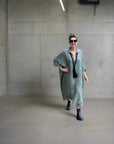 Woman Wearing Linen Dress Oversize Maxi Kaftan Made in Italy Olive - Dress LUXAMORE