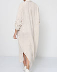 Woman Wearing Linen Shirtdress, Button-Up, Maxi Made in Italy Beige - Dress LUXAMORE