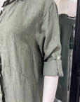 Woman Wearing Linen Shirtdress, Button-Up, Maxi Made in Italy Khaki - LUXAMORE