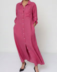 Linen Shirtdress, Button-Up, Maxi Made in Italy fuscia worn by model in natural setting LUXAMORE