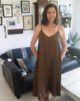 Woman Wearing Linen Slip Dress Made in Italy Brown - Dress LUXAMORE
