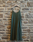 Woman Wearing Linen Slip Dress Midi Made in Italy Khaki - Dress LUXAMORE