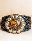 Lula Natura Satu Wide Black Leather Belt With Brown Stone - LUXAMORE -Belt-Lula Natura Satu Wide Black Leather Belt with Brown Stone Crafted from braided genuine black leather, blends artisanal craftsmanship with a contemporary boho aesthetic.
