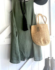 Made in Italy Cascade Linen Dress Olive - LUXAMORE -Dress-LUXAMORE Cascade Linen Dress breathable; with pockets, buttons and a longer back is a timeless wardrobe essential. Shop Italian linen dresses made in italy.