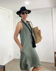 Made in Italy Cascade Linen Dress Olive - LUXAMORE -Dress-LUXAMORE Cascade Linen Dress breathable; with pockets, buttons and a longer back is a timeless wardrobe essential. Shop Italian linen dresses made in italy.