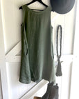 Made in Italy Cascade Linen Dress Olive - LUXAMORE -Dress-LUXAMORE Cascade Linen Dress breathable; with pockets, buttons and a longer back is a timeless wardrobe essential. Shop Italian linen dresses made in italy.