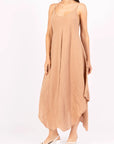 Linen Dress Maxi Made in Italy - Camel - One size worn by model in natural setting LUXAMORE