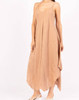 Woman Wearing Linen Dress Maxi Made in Italy - Camel - One size - Dress LUXAMORE