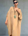 Made in Italy Resort Linen Kaftan Caramel - LUXAMORE -Dress-Elegant Italian made linen dress with an oversized kaftan fit. Lightweight, breathable, and perfect for effortless style all year round.