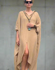 Made in Italy Resort Linen Kaftan Caramel - LUXAMORE -Dress-Elegant Italian made linen dress with an oversized kaftan fit. Lightweight, breathable, and perfect for effortless style all year round.