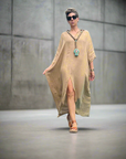 Made in Italy Resort Linen Kaftan Caramel - LUXAMORE -Dress-Elegant Italian made linen dress with an oversized kaftan fit. Lightweight, breathable, and perfect for effortless style all year round.