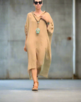 Made in Italy Resort Linen Kaftan Caramel - LUXAMORE -Dress-Elegant Italian made linen dress with an oversized kaftan fit. Lightweight, breathable, and perfect for effortless style all year round.