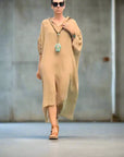 Linen Dress Oversize Maxi Kaftan Made in Italy Caramel worn by model in natural setting LUXAMORE