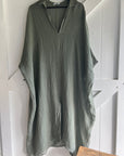 Woman Wearing Linen Dress Oversize Maxi Kaftan Made in Italy Olive - Dress LUXAMORE