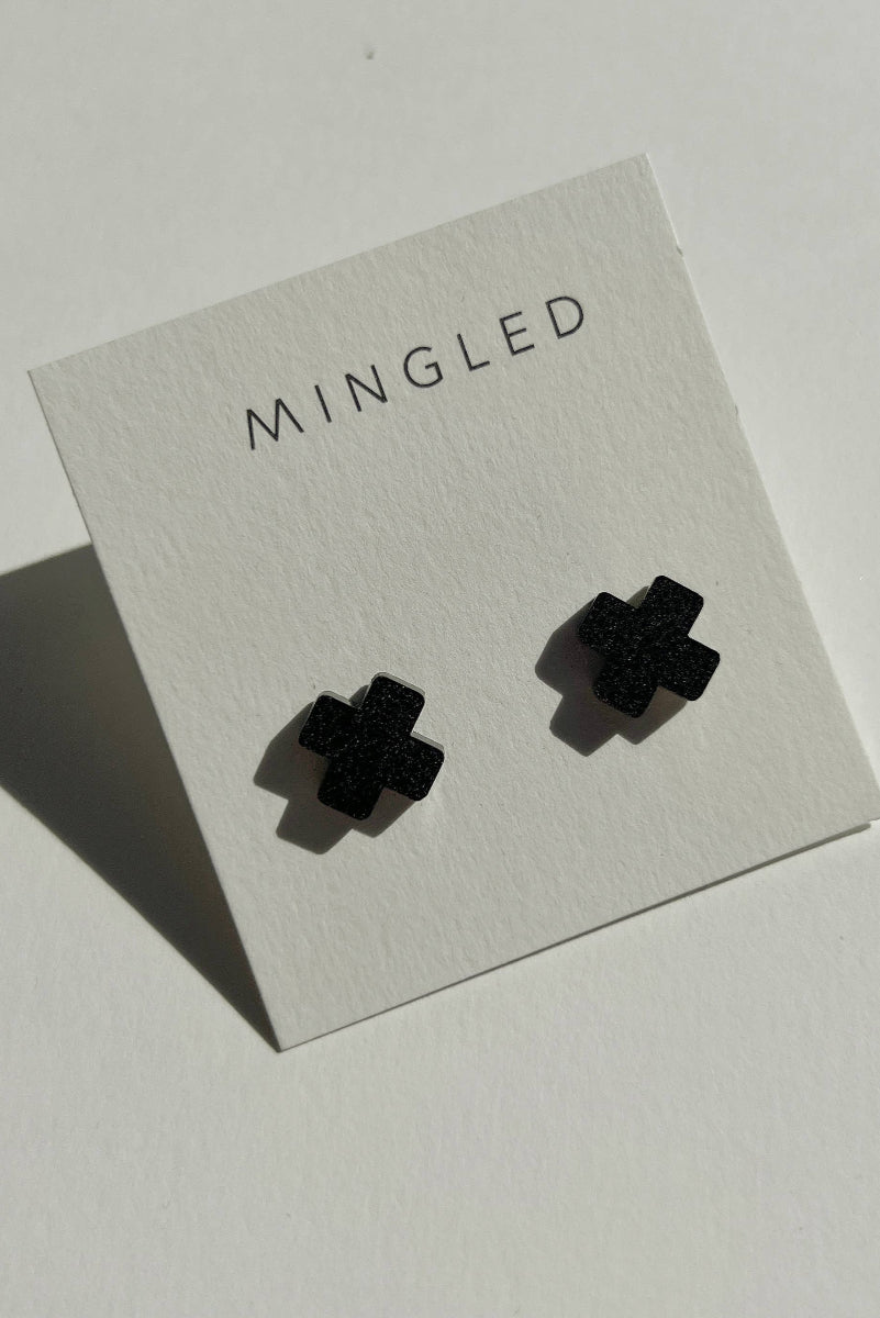 Woman Wearing Mingled Black Cross Stud Earrings - Small Cross Earrings, Minimalist - Earings LUXAMORE