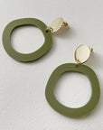 Mingled Charlie Olive Green and Gold Dangle Earrings - LUXAMORE -Earings-The Charlie Olive Green and Gold Dangle earrings are a modern statement earring in lightweight hypoallergenic laser cut acrylic with a gold plated decorative stud disc. The stud post is made from hypoallergenic Surgical Stainless Steel (304). They are extremely lightweight, you won't even know you have them on.