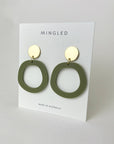 Mingled Charlie Olive Green and Gold Dangle Earrings - LUXAMORE -Earings-The Charlie Olive Green and Gold Dangle earrings are a modern statement earring in lightweight hypoallergenic laser cut acrylic with a gold plated decorative stud disc. The stud post is made from hypoallergenic Surgical Stainless Steel (304). They are extremely lightweight, you won't even know you have them on.