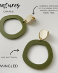 Mingled Charlie Olive Green and Gold Dangle Earrings - LUXAMORE -Earings-The Charlie Olive Green and Gold Dangle earrings are a modern statement earring in lightweight hypoallergenic laser cut acrylic with a gold plated decorative stud disc. The stud post is made from hypoallergenic Surgical Stainless Steel (304). They are extremely lightweight, you won't even know you have them on.