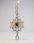 Orna Curio Vintage Bespoke Pearl and Diwali Flower Necklace - LUXAMORE -necklace-One of a Kind – Hand-crafted Necklace This elegant necklace features a vintage diamante crystal element, complemented by a sterling silver chain and fittings, with a vintage gold-plated garnet Indian floral centrepiece. This one of one necklace was handcrafted in Perth, WA. Measurements: 61cm Adjustable Materials: Sterling Silver 925 Chain and Hardware, Freshwater Pearls, Vintage Indian garnet and crystal Centrepiece.