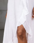 White Linen Dress Maxi Ruffled Made in Italy - One size LUXAMORE