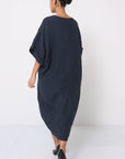 Linen Dress V-neck Knot Front Midi Made in Italy Navy