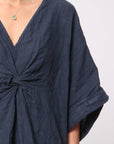 Linen Dress V-neck Knot Front Midi Made in Italy Navy