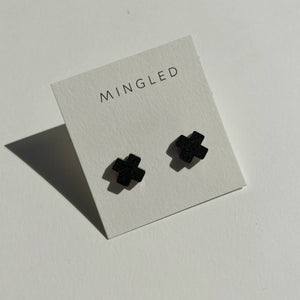 Mingled Black Cross Stud Earrings - Small Cross Earrings, Minimalist