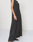 Linen Dress Sleeveless Raw Edge, Maxi Made in Italy Black