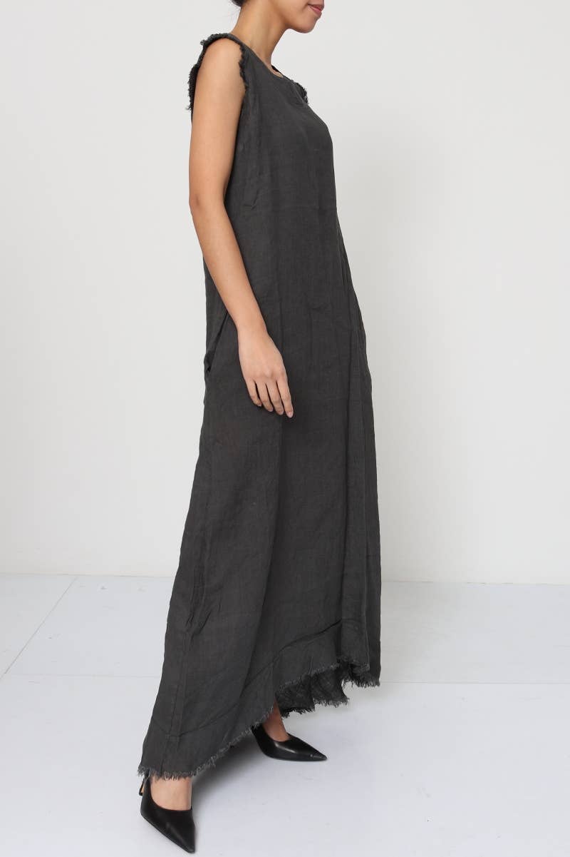 Linen Dress Sleeveless Raw Edge, Maxi Made in Italy Khaki