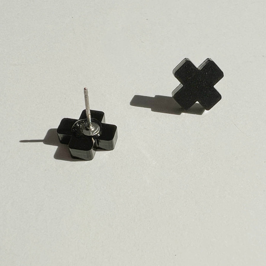 Mingled Black Cross Stud Earrings - Small Cross Earrings, Minimalist