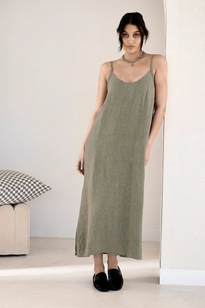 "Eadie Lifestyle Midi Linen Dress Pistachio – 100% European linen slip dress with adjustable straps and a flattering scoop neckline, perfect for effortless comfort and style.