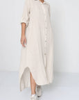 Linen Dress Shirtdress, Button-Up, Midi Length Made in Italy Beige