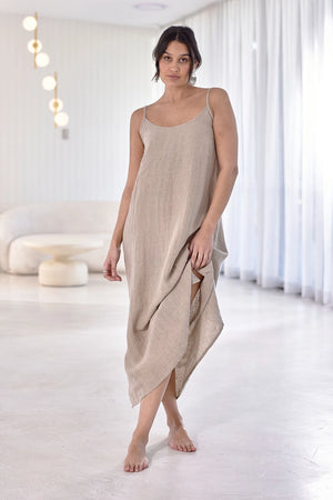 Eadie Lifestyle Midi Linen Dress – 100% European linen slip dress with adjustable straps and a flattering scoop neckline, perfect for effortless comfort and style