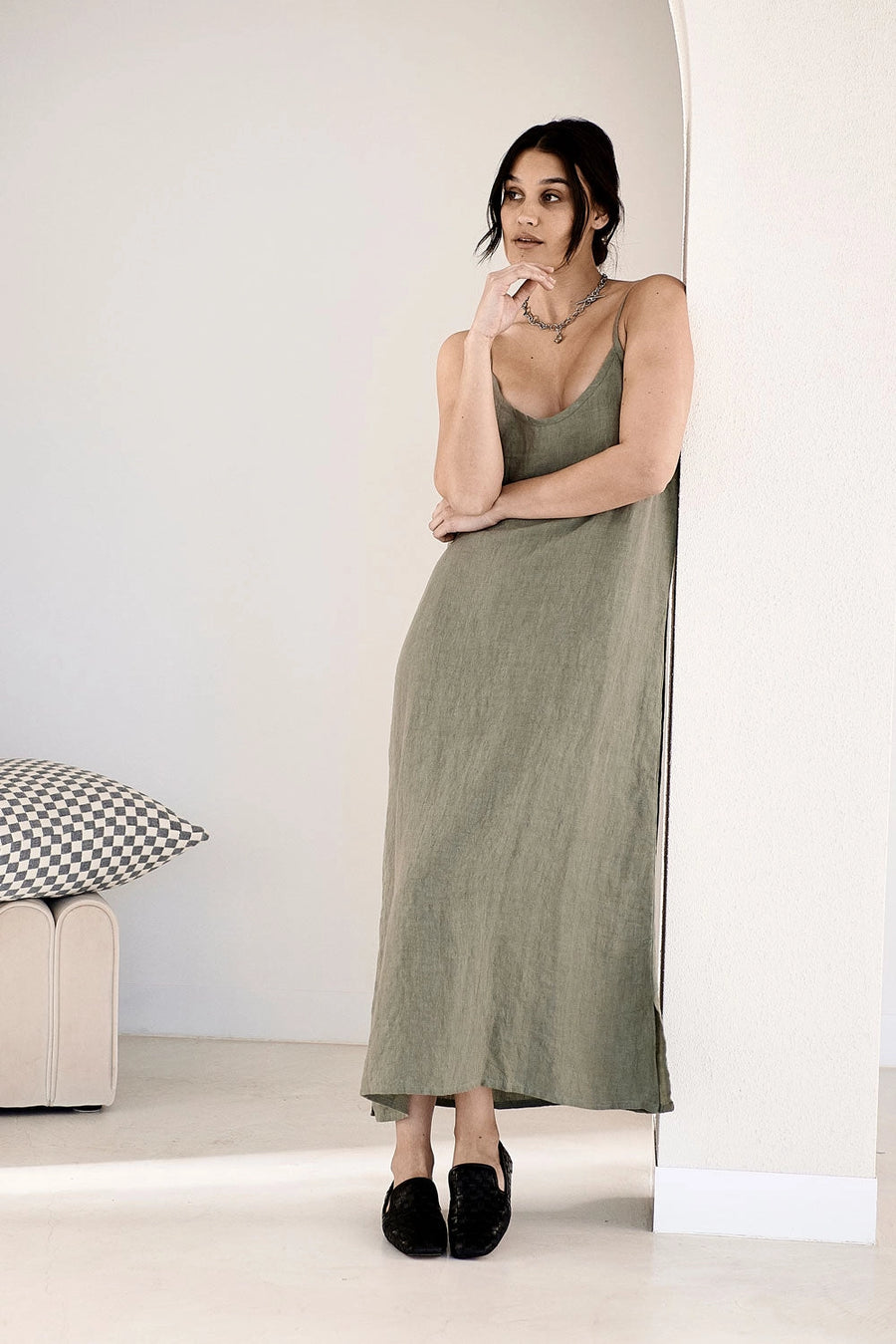 "Eadie Lifestyle Midi Linen Dress Pistachio – 100% European linen slip dress with adjustable straps and a flattering scoop neckline, perfect for effortless comfort and style.