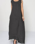 Linen Dress Sleeveless Raw Edge, Maxi Made in Italy Black
