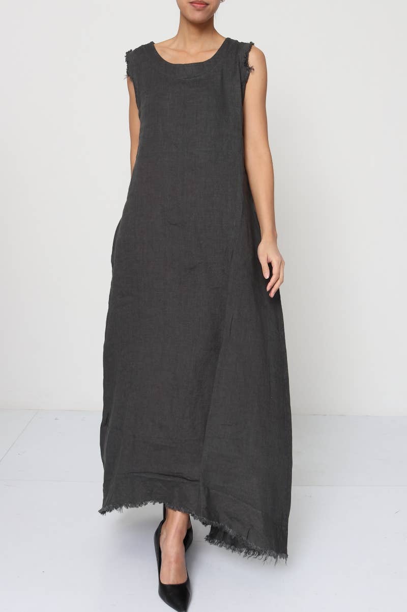 Linen Dress Sleeveless Raw Edge, Maxi Made in Italy Khaki