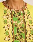 Alemais Bridgette Mini Dress close up showcasing the custom print design, neckline details.. LUXAMORE.