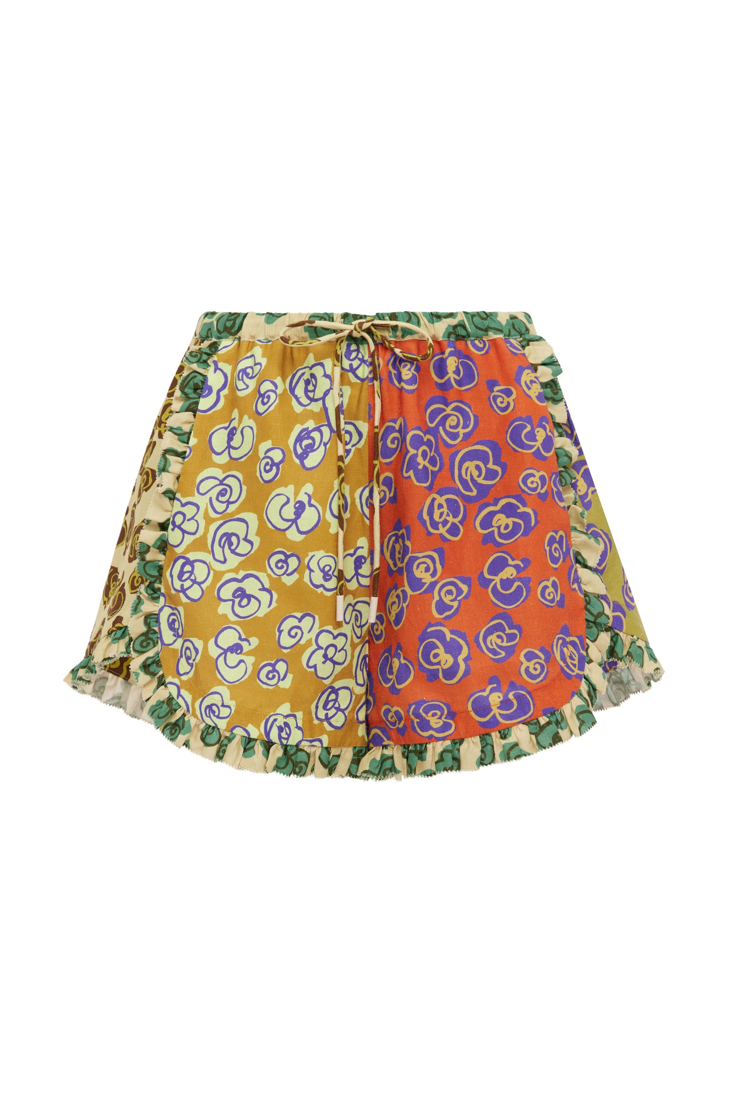 Alemais Patty Spliced Short – Studio flat lay product shot showing the exact fabric colors, contrast ruffle detail, and low-profile inseam pockets.. LUXAMORE