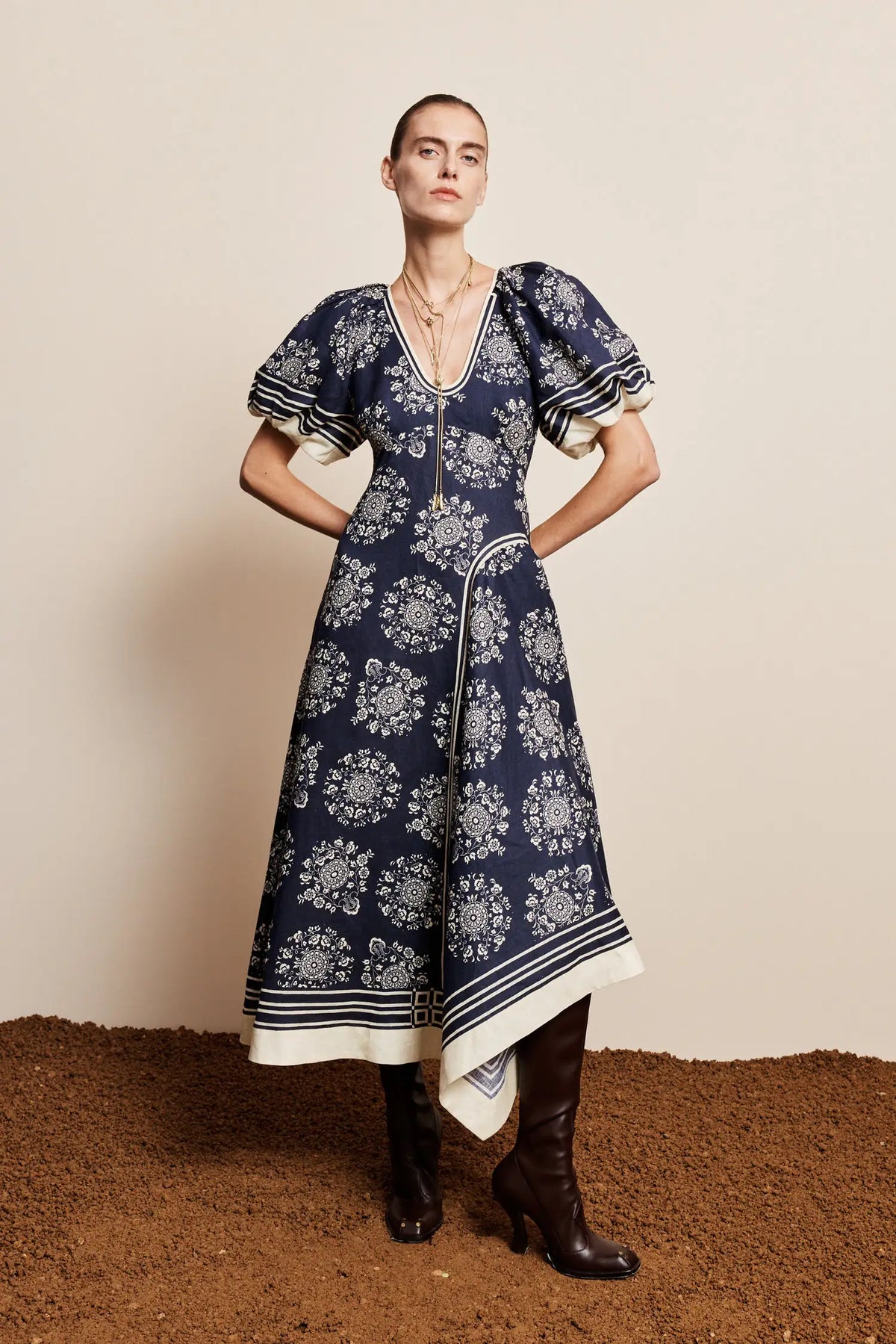 Alemais Sustainable Banderra Midi Shirtdress worn by model front view LUXAMORE