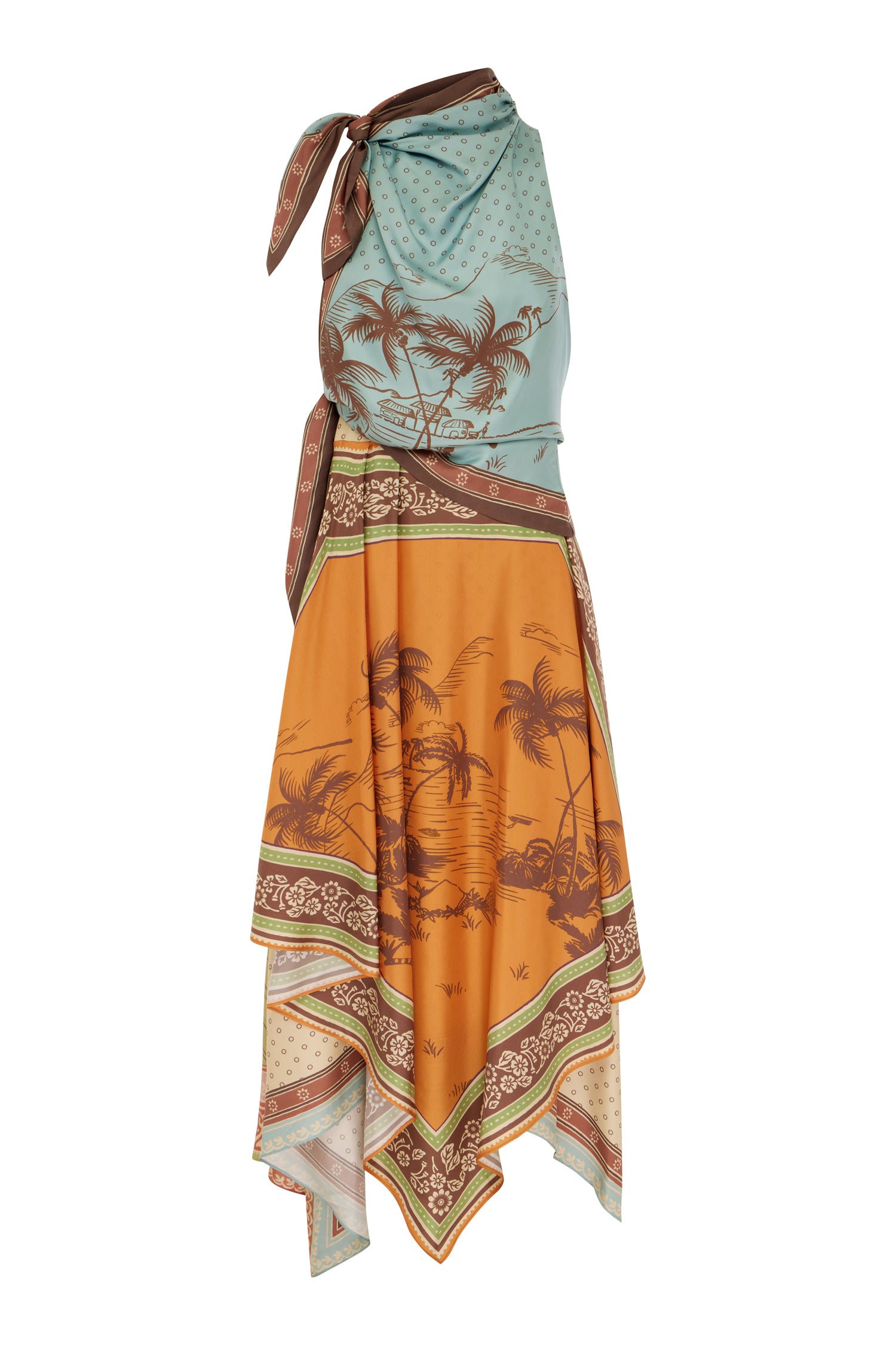Multicolored patterned silk dress with palm tree design on a white background