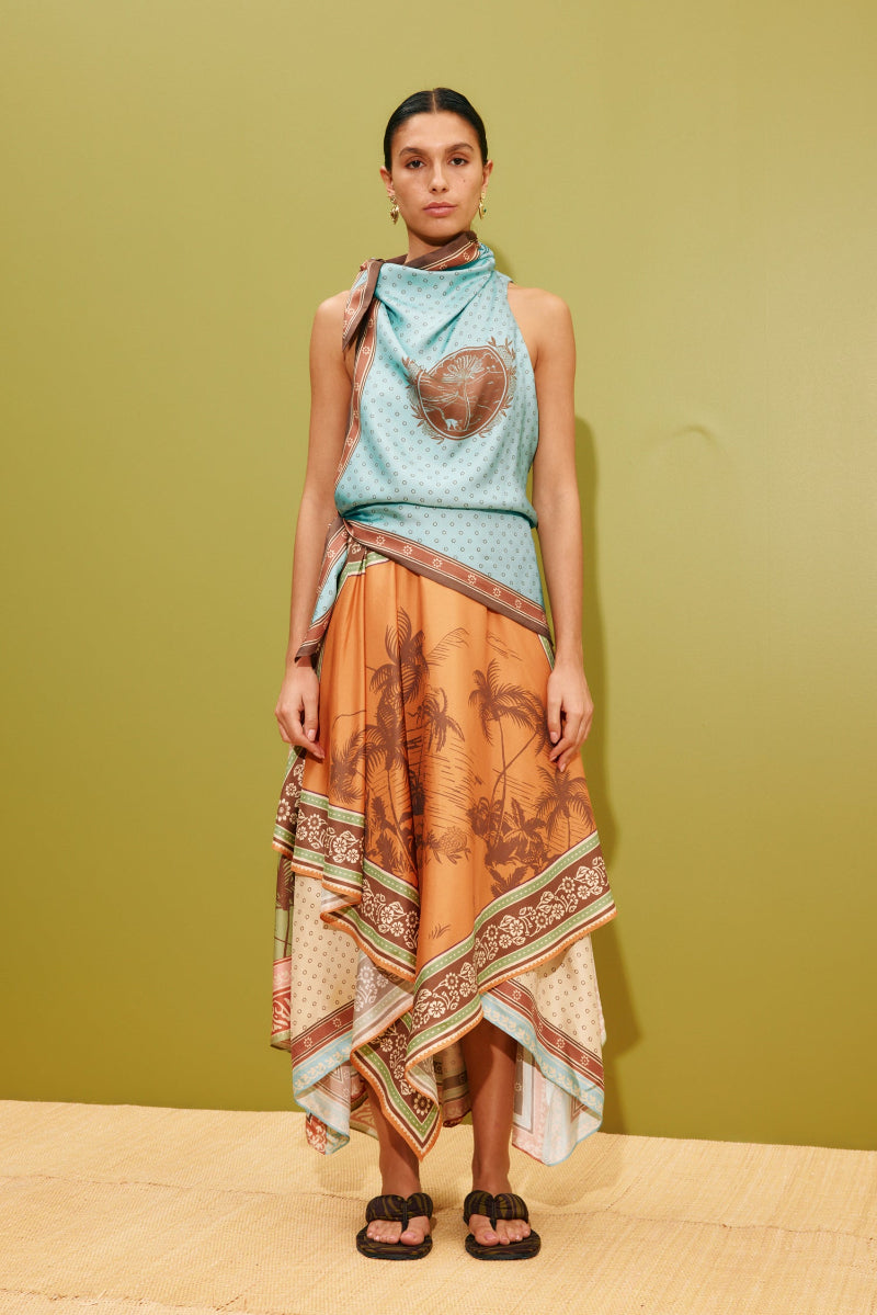 woman wearing Alemais Alberta Scarf Midi Dress LUXAMORE 