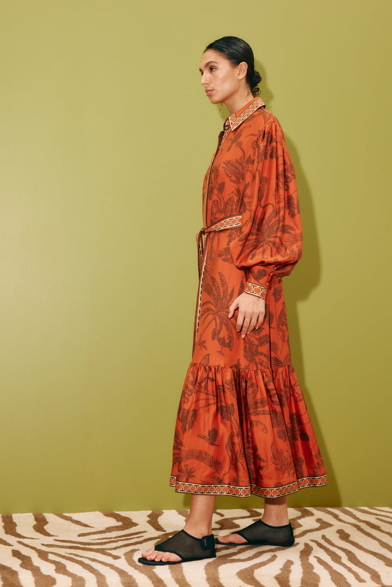 woman wearing Alemais Monkey Dance Silk Shirtdress LUXAMORE 