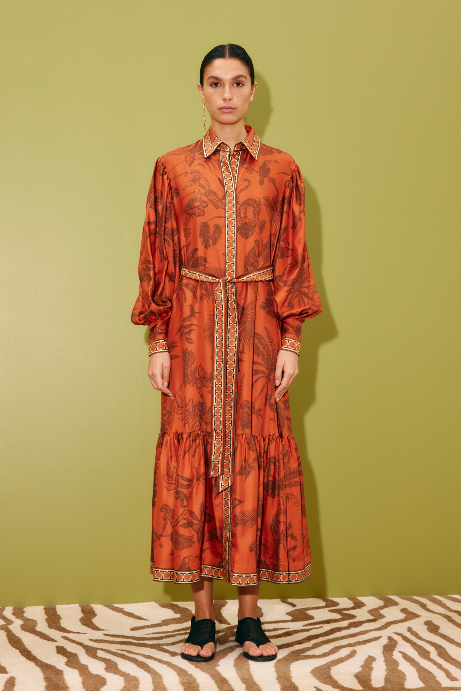woman wearing Alemais Monkey Dance Silk Shirtdress LUXAMORE 