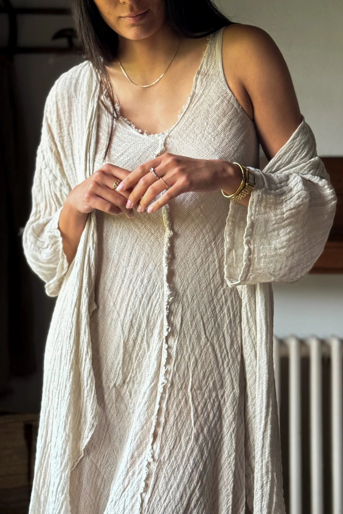 Alemais Sustainable Florence-Shirt close up worn by model LUXAMORE
