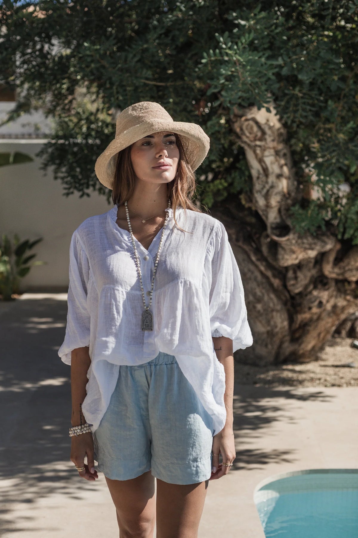Alemais Sustainable Florence-Shirt close up worn by model LUXAMORE